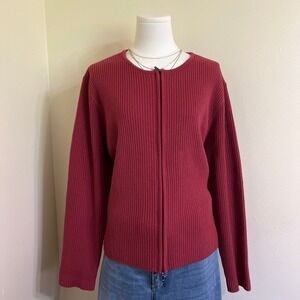 Talbots Womens XL Red 100% Wool Ribbed Zip Front Cardigan Sweater Burgundy Mixed